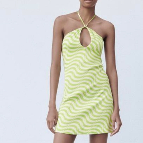 Zara Green and‎ White Swirl Satin Halter Dress Size Large - Picture 12 of 12